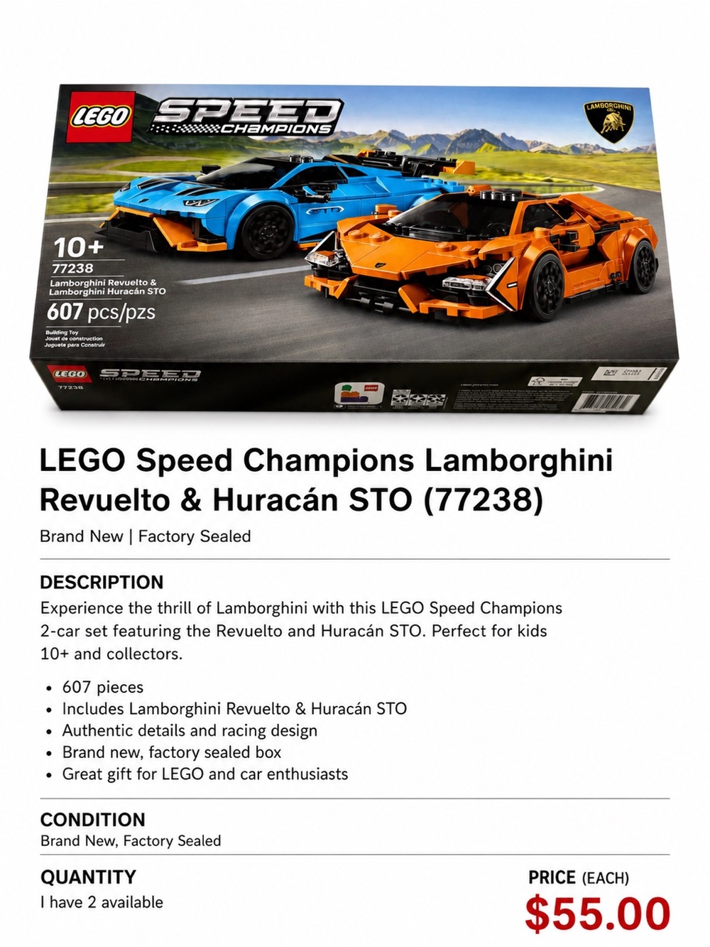 LEGO Speed Champions Blue & Orange Lamborghini Twin Build Set brand New